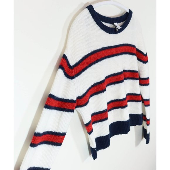DIVIDED BY H&M Size L Red White Navy Blue Striped Cropped Pullover Sweater - Picture 2 of 5